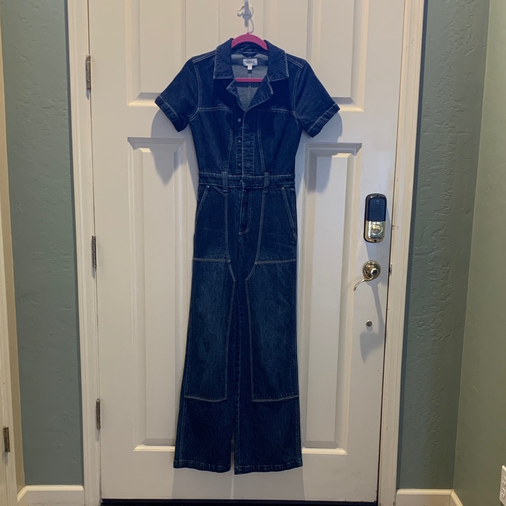 PISTOLA brand Dark Indigo Denim Short-Sleeve Flare Jumpsuit